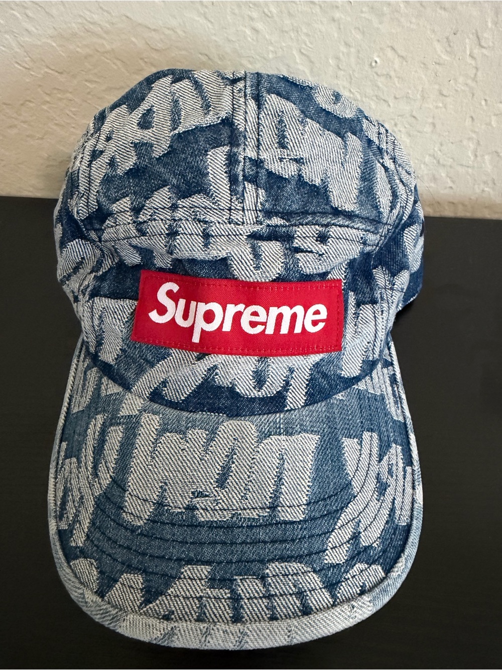 Supreme Red Box Logo Denim Camp Cap - Blue/White